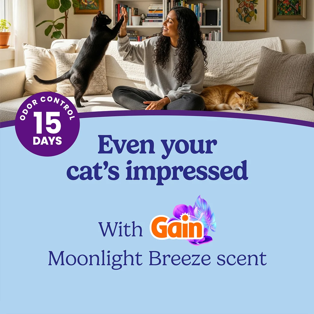 A woman playing with her cat in a a living room. The words "Even your cat's impressed" regarding the Gain Moonlight Breeze scent.