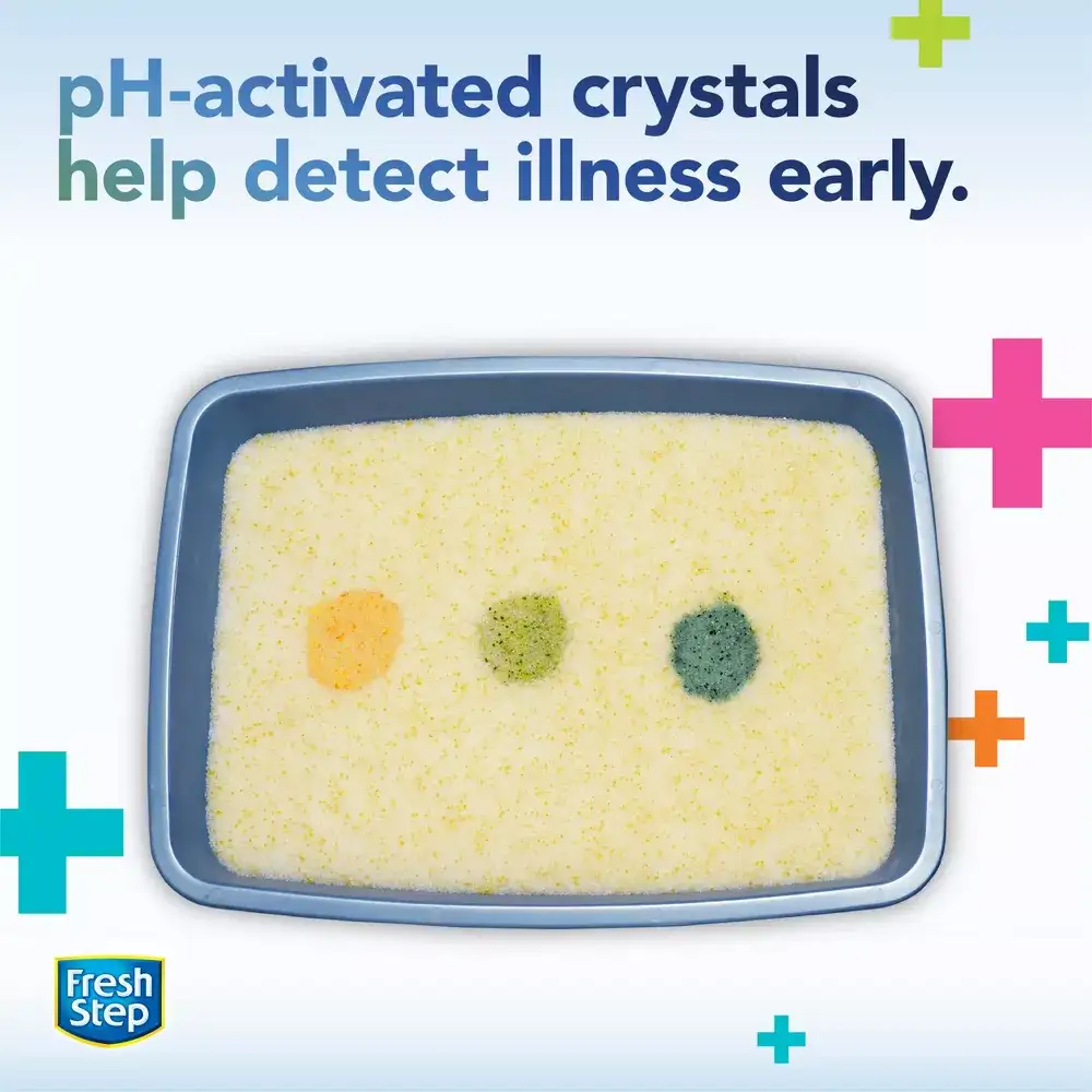 pH-activated crystals help detect illness early, litter box with colored circles, colored crosses floating around
