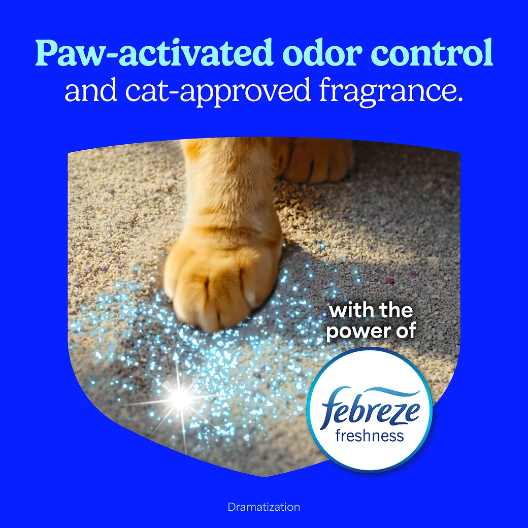 A cat scratching cat litter, the words "Paw-activated odor control and cat-approved fragrances" above