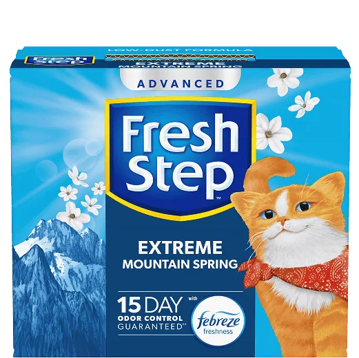 A box of Fresh Step cat litter with Extreme Mountain Spring scent