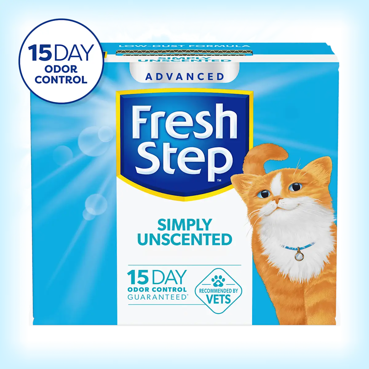 A box of Fresh Step cat litter Simply Unscented with a 15 day odor control badge in the corner
