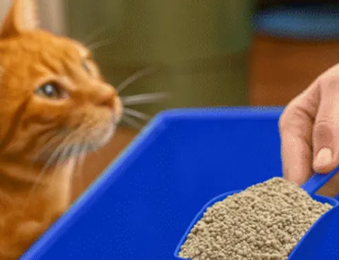 Cat watching its person fill a box with litter