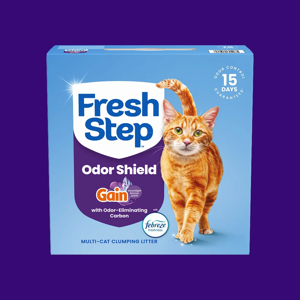 A box of Fresh Step cat litter with Gain Moonlight Breeze scent