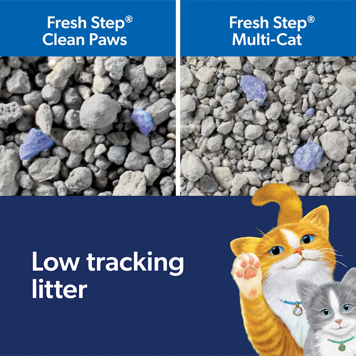Low tracking litter, side by side comparison of Fresh Step Clean Paws vs Multi-Cat