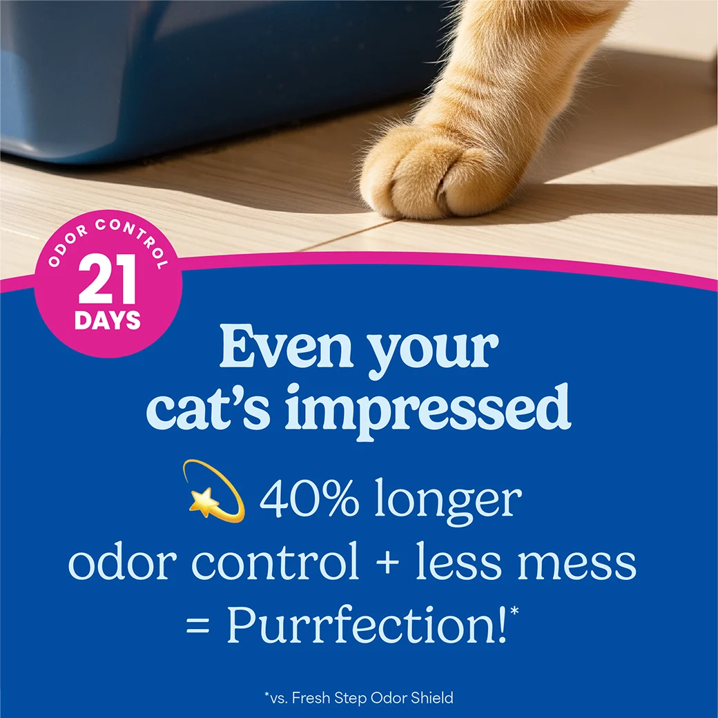 A close-up of a cat's paw with the words "Even your cat's impressed" highlighting the 21 day guarantee and 40% longer odor control