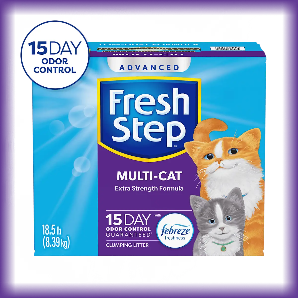 A box of Fresh Step cat litter for multiple cats with 15 day odor control badge in the corner