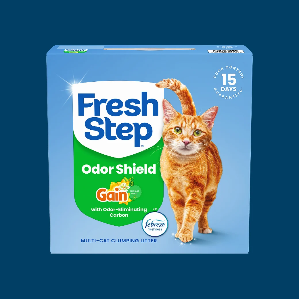 A box of Fresh Step cat litter with Gain scent