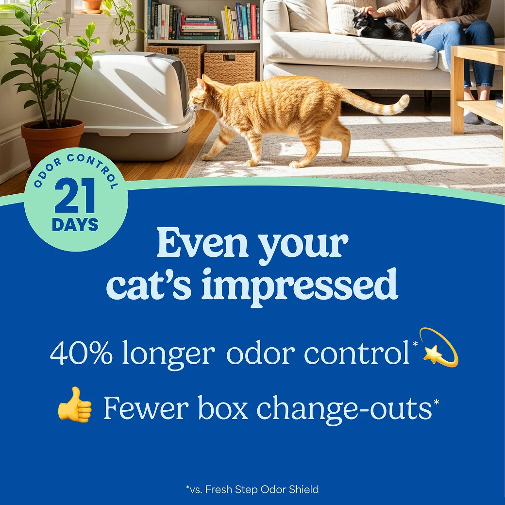 A cat walking through a living room, the words "Even your cat's impressed" referencing the 21 day odor control and fewer box changes