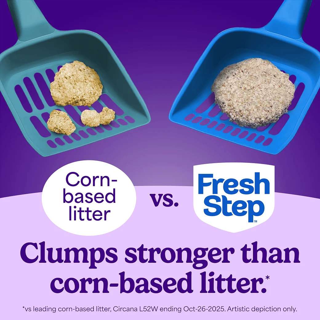 Clumps stronger than corn-based litter. Two scoopers showing the compact scooping of Fresh Step vs the leading competitor