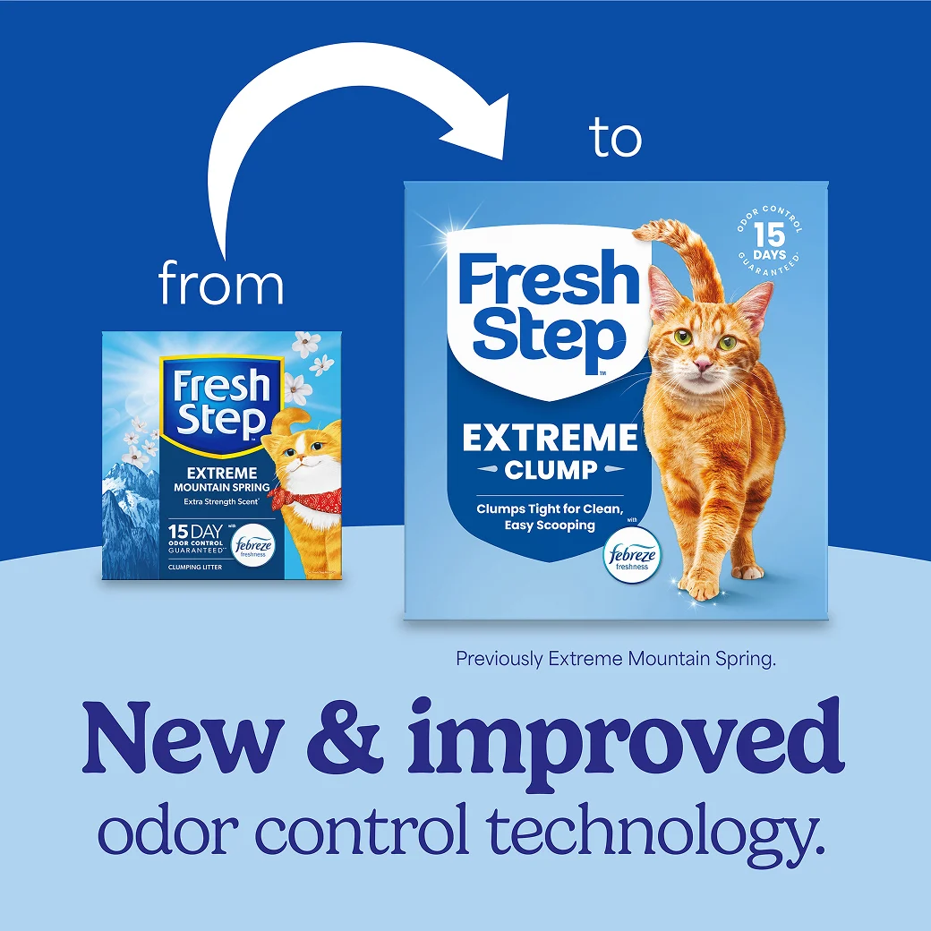 A box of Fresh Step Extreme Clump cat litter and a new box of the same litter showing how the litter packaging has changed