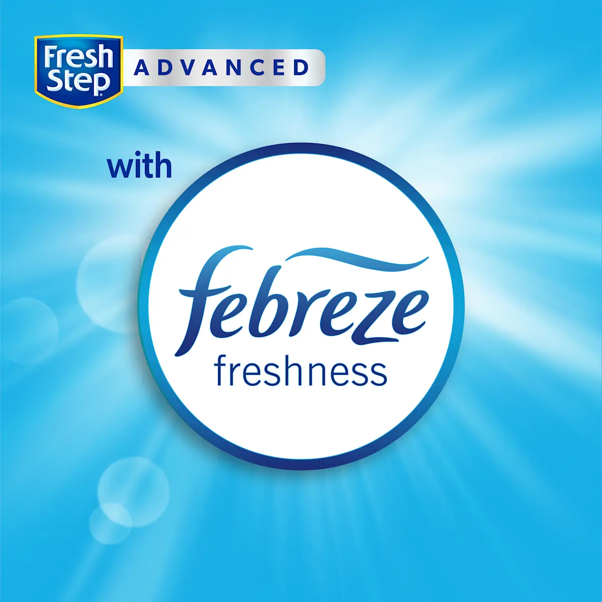 Circle with the words with Febreze freshness, blue background with white burst