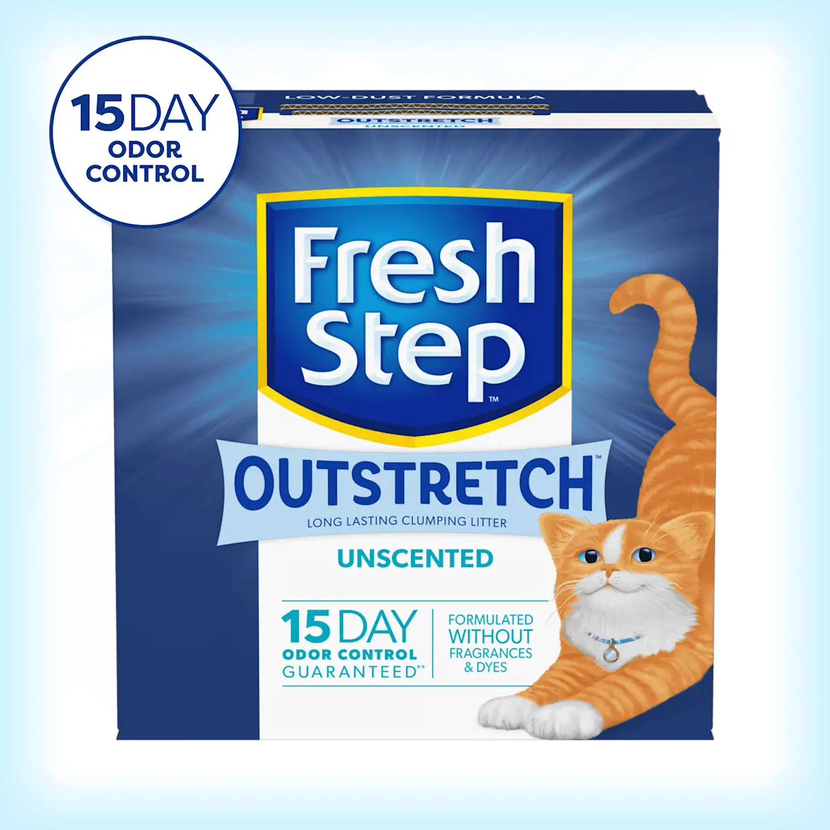 A box of Fresh Step Outretch unscented cat litter with 14 day odor control badge in the corner