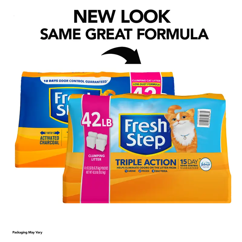 New Look Same Great Formula: 2 packages of Triple Action cat litter showing transition of packaging