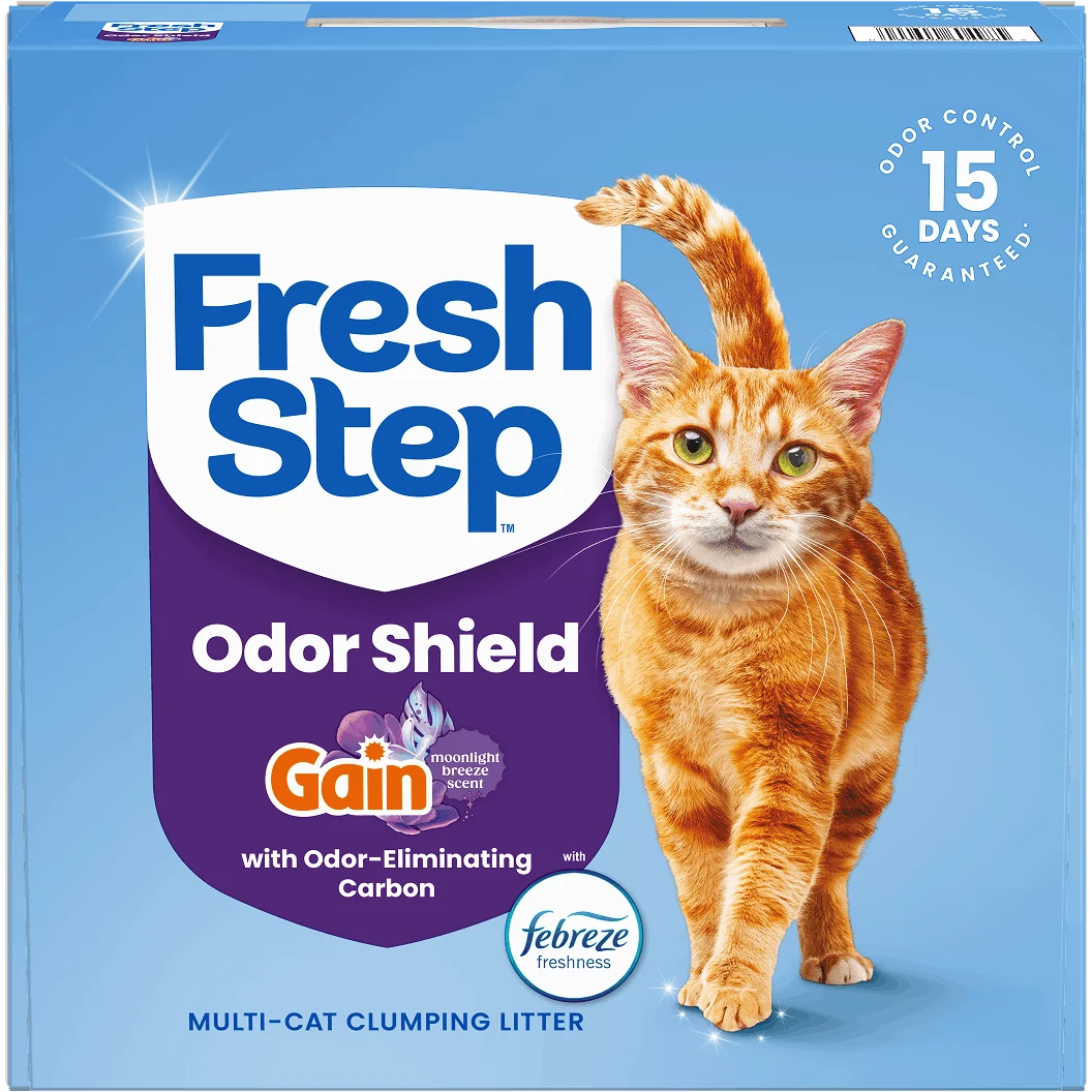 A carton of Fresh Step Odor Shield with Gain Moonlight Breeze scent