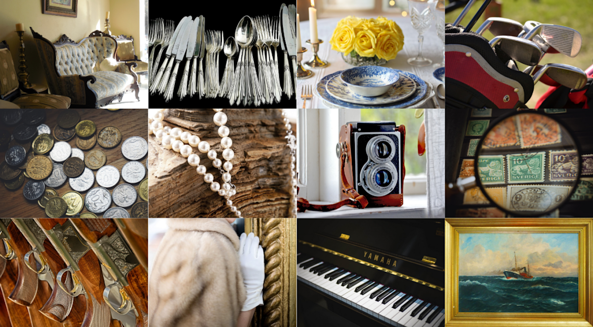 Image showing types of scheduled property which include: valuable furniture, silver, porcelain dishware, golf clubs, coin collections, jewelry, expensive cameras, stamp collections, gun collections, furs, pianos, and artwork. Types of scheduled property for homeowners insurance