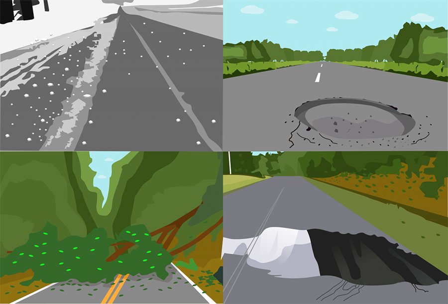 4 way image of road hazards. From top left to right is ice and hail, then pothole in the road, then tree in the road, then oil slick in the road. road hazards