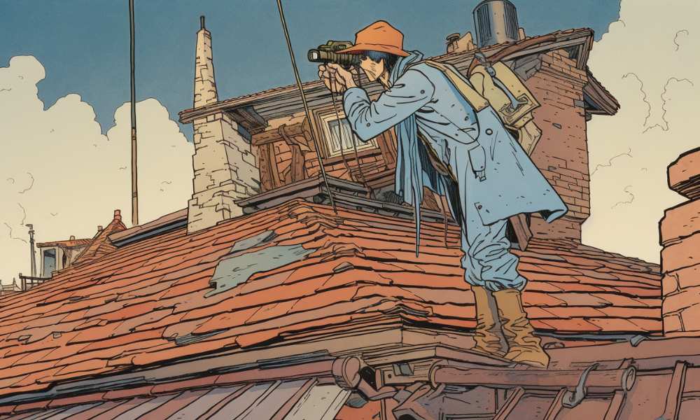 An individual taking photos with a camera of damage to the roof of their house to gather evidence for their roof replacement insurance claim. Gathering supporting documentation