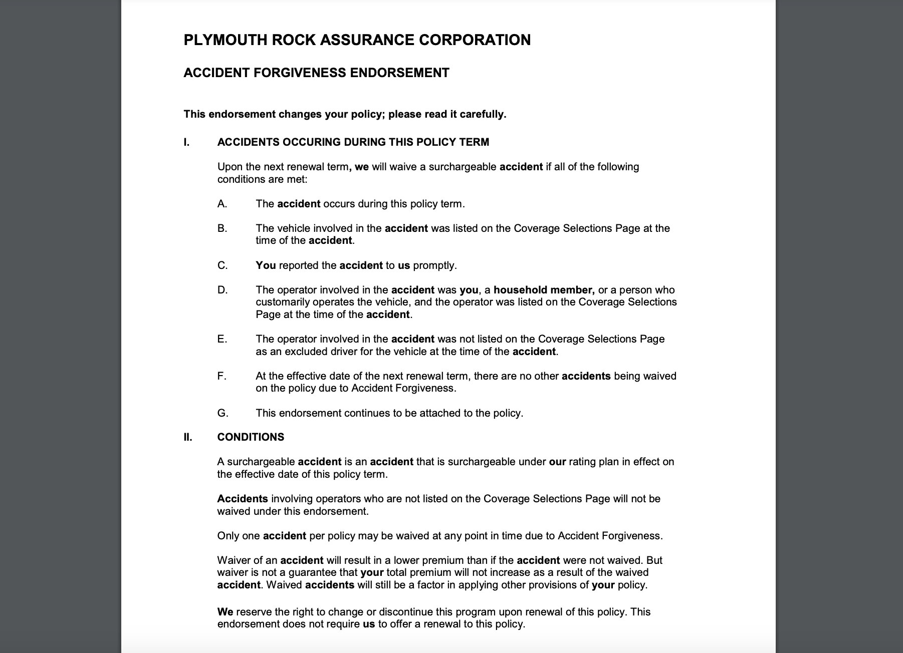 Plymouth rock accident forgiveness endorsement Massachusetts 