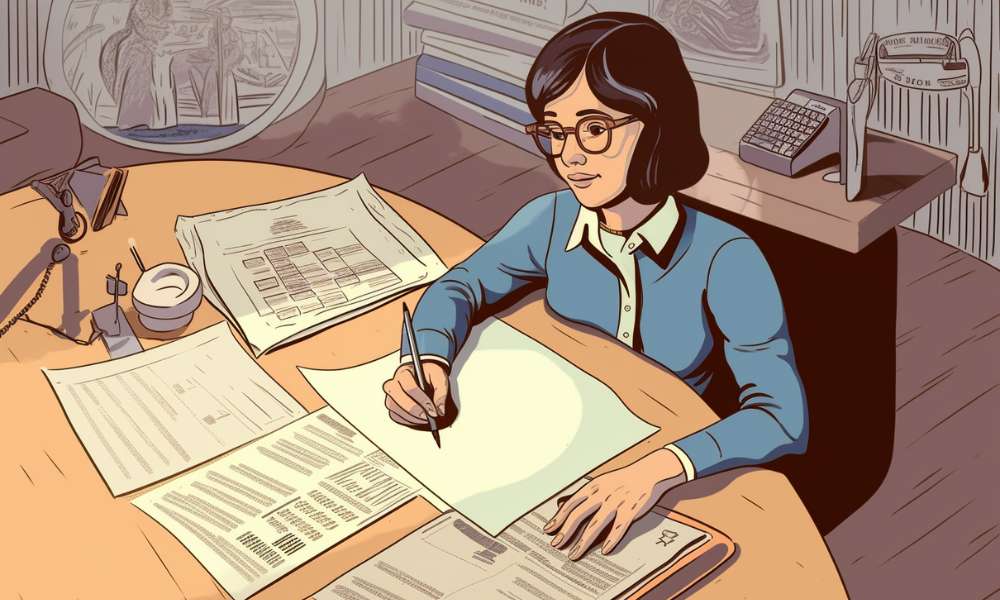 A woman sitting at a table with their insurance policy documents, a pen, and a notepad, carefully reviewing the policy to better understand their coverage. Review insurance coverage water leak