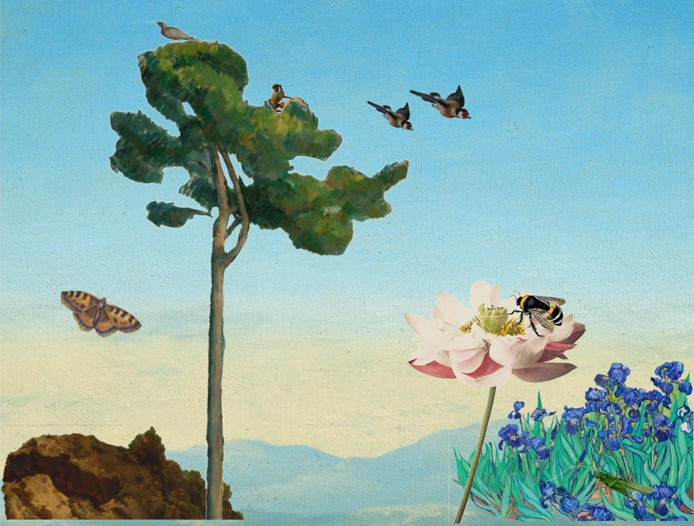 A peaceful painting of two birds flying over a stunning flower, amidst a serene landscape with bumblebees and butterflies fluttering around.