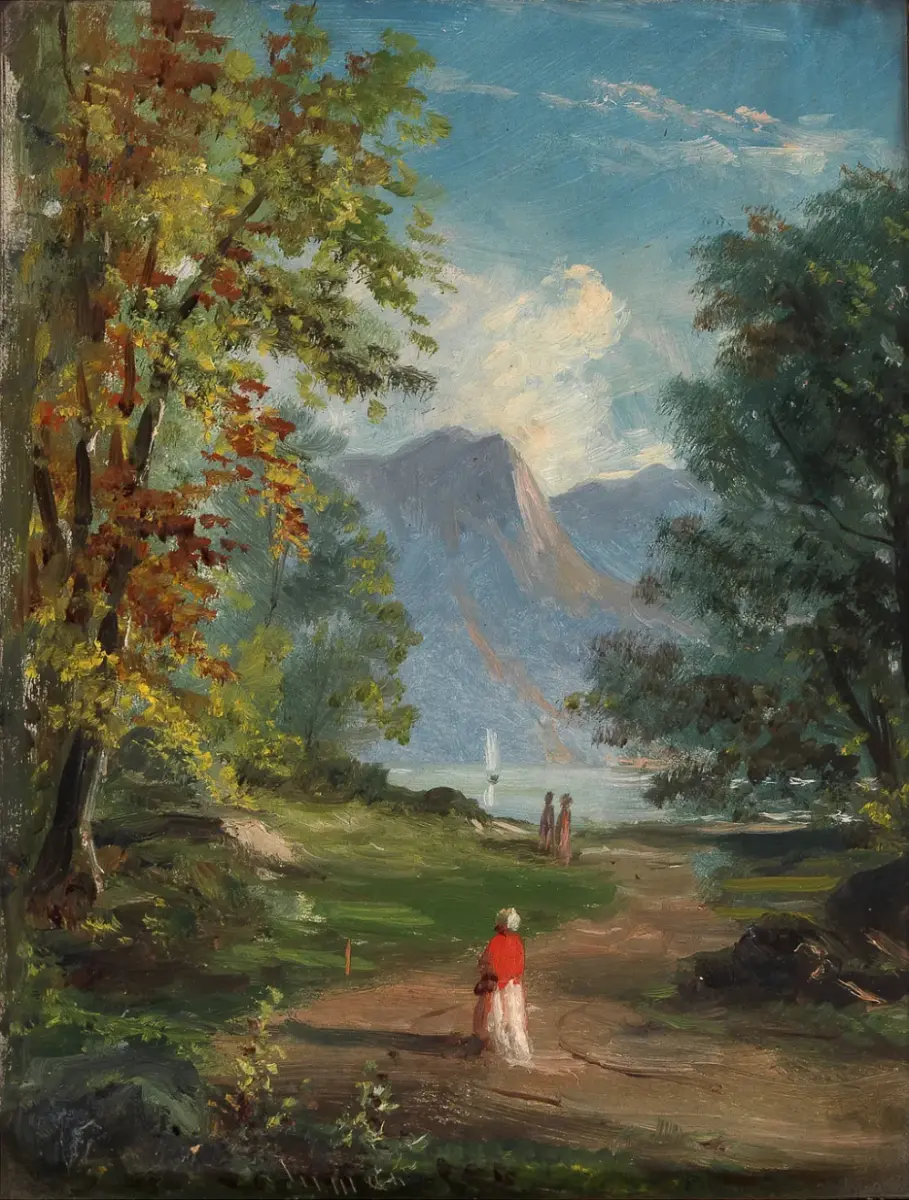 This painting shows people, mostly women, walking in a beautiful natural environment. They look small compared with the mountains and trees. If you were there, what would you see?