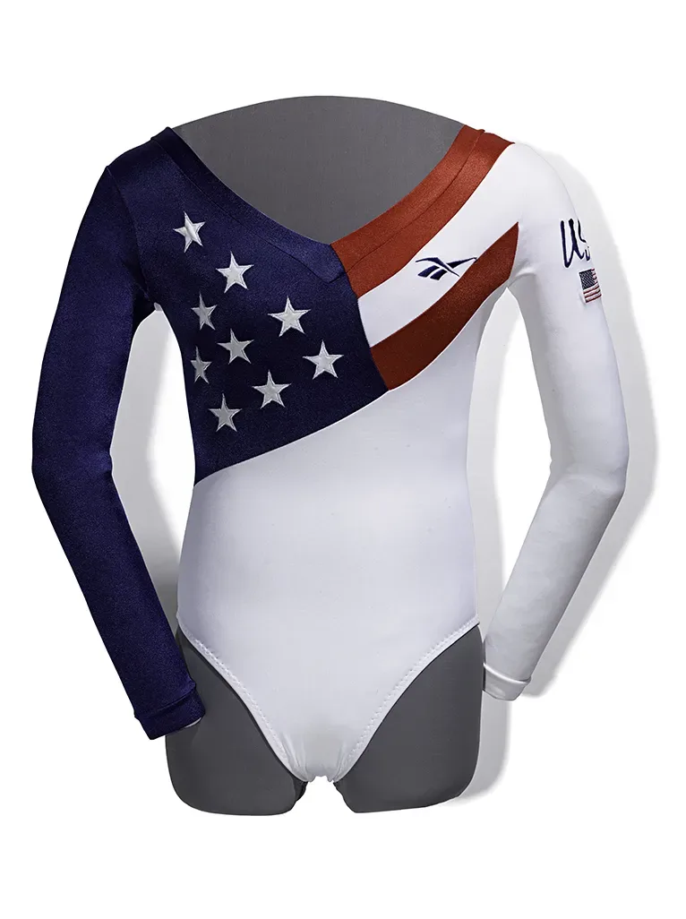 Today’s gymnasts wear much more practical and technical outfits. This leotard was worn by gymnastics champion Dominique Dawes at the 1996 Summer Olympics. It is made from synthetic materials to allow more stretch for gymnastics. The bright white color was chosen to highlight the gymnast’s movements and show the judges the beauty of her moves.