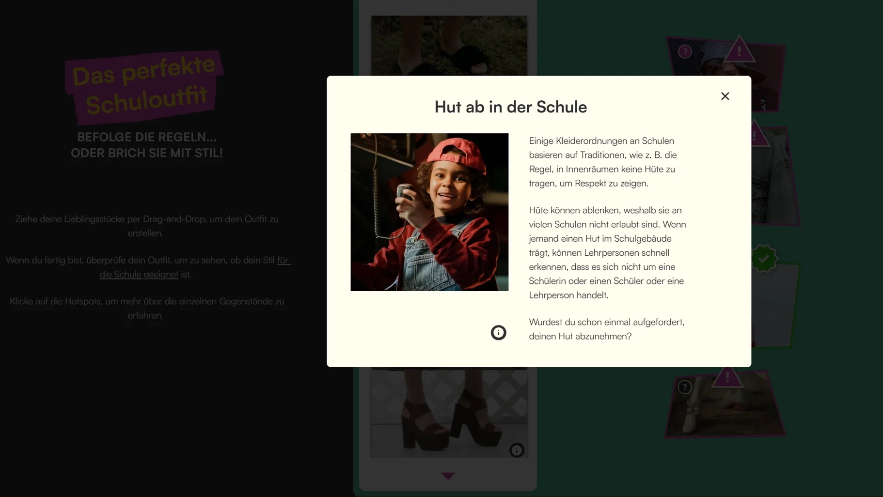 Anschliessend betrachteten wir die Kleidervorschriften in den verschiedenen Bereichen. Ich stellte Fragen wie: „Darf man Flip-Flops in der Schule tragen?“ Die Kinder antworteten: „Nein, darf man nicht, weil ...“ und konnten ihre Antwort begründen. Danach arbeiteten sie zu zweit und stellten sich gegenseitig Fragen zu Kleidungsstücken aus den verschiedenen Kategorien. So verwendeten sie die neuen Wörter immer wieder und übten gleichzeitig die Formulierungen, die sie später im Quiz brauchten.