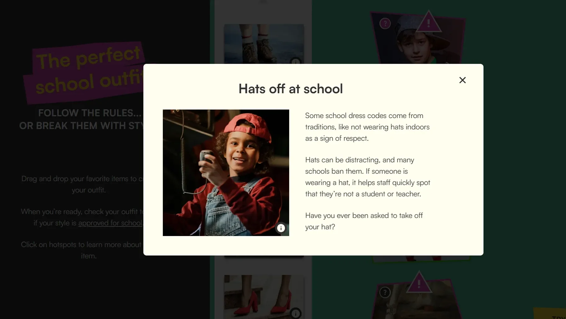 We then looked at the school clothing rules next to each section. I asked questions such as, “Can you wear flip-flops to school?” and the students answered, “No, you can’t, because…” I encouraged them to add a reason, if they felt comfortable. They then worked in pairs, asking each other questions about one item of clothing from each section. This gave them plenty of opportunities to practise saying the names of the clothes while also reinforcing the language they would need for the quiz.