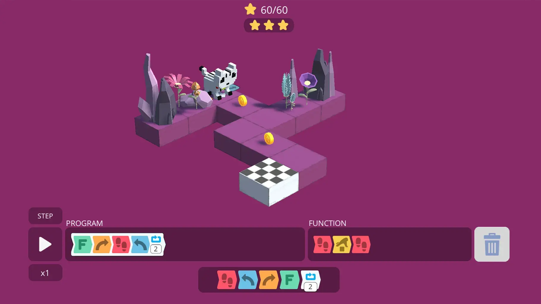 Decomposition: Did you notice you had to break the problem into steps as the route became more complex? First, you used a single command for each step. Next, you used loops to repeat steps, like “forward, forward” Then you learned to group steps together as a function: “forward, pick-up, forward”.