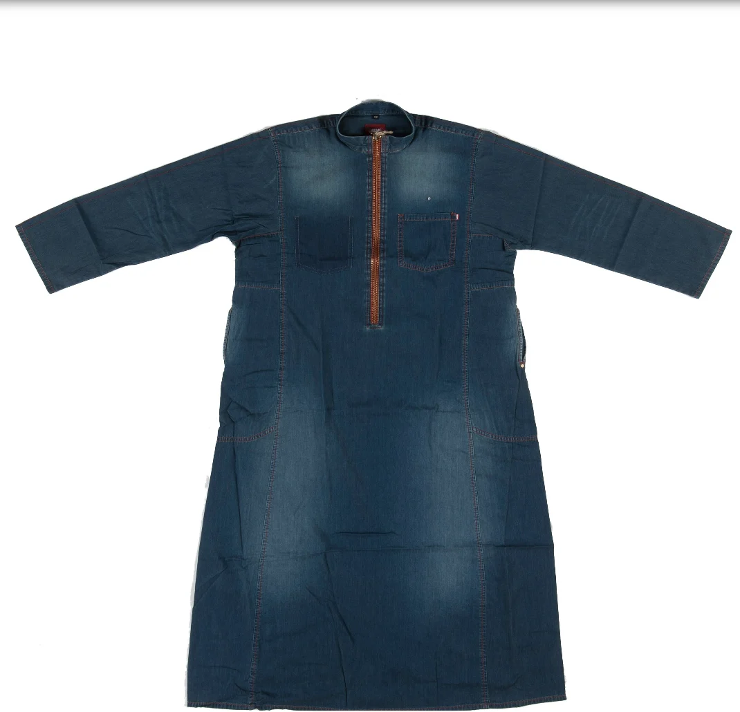 Islam is the second-largest religion in the world. It started in the Arabian Peninsula, a desert area. The traditional clothes of this region cover most of the body to protect from the hot sun. Traditional thobes (ankle-length body shirts) are usually white. But this one for boys is made of jeans to reflect modern fashion tastes.