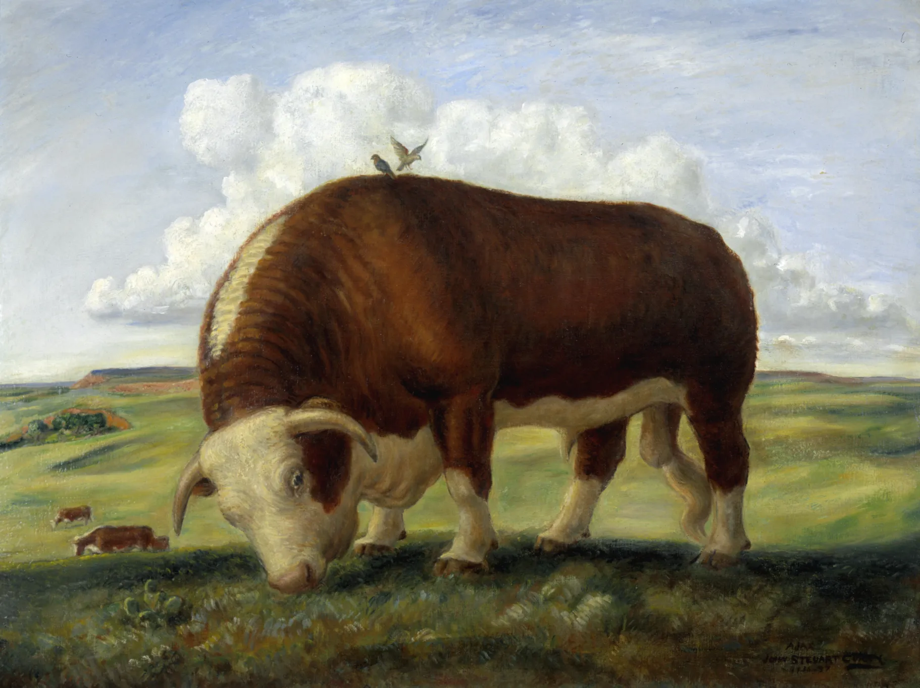 A prize bull is grazing contentedly with cowbirds feeding on his back. The image references the myth of Ajax and suggests the cows might get their revenge. Curry painted a scene of green pastures and fat cattle to reassure Americans during the Dust Bowl years