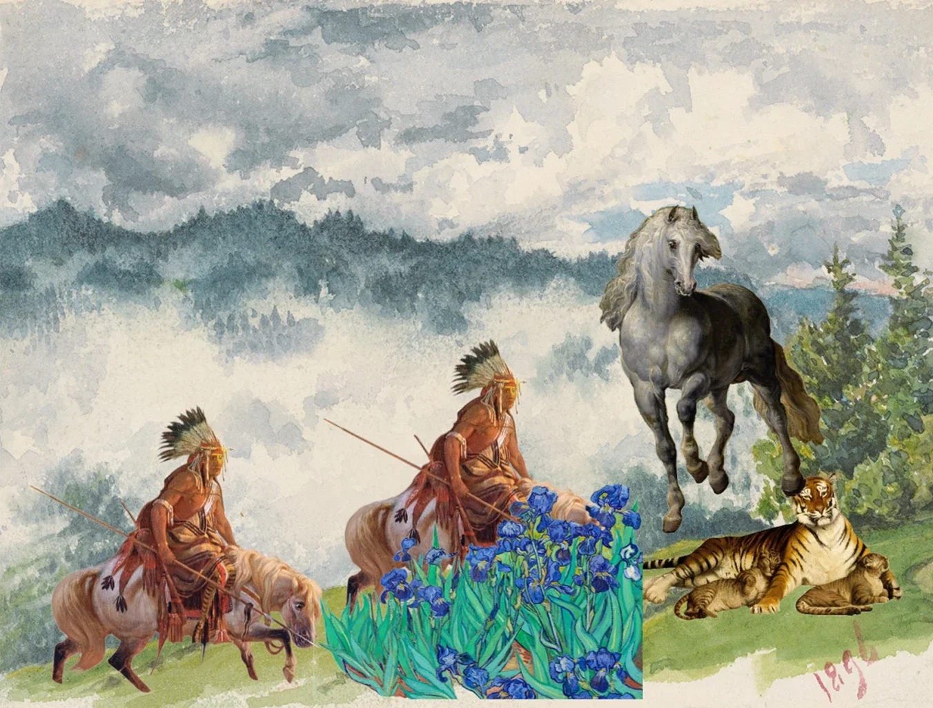In this mesmerizing artwork, two Native American warriors gracefully ride their horses while fearlessly tracking a lion, embodying their rich cultural heritage and profound respect for the natural world.