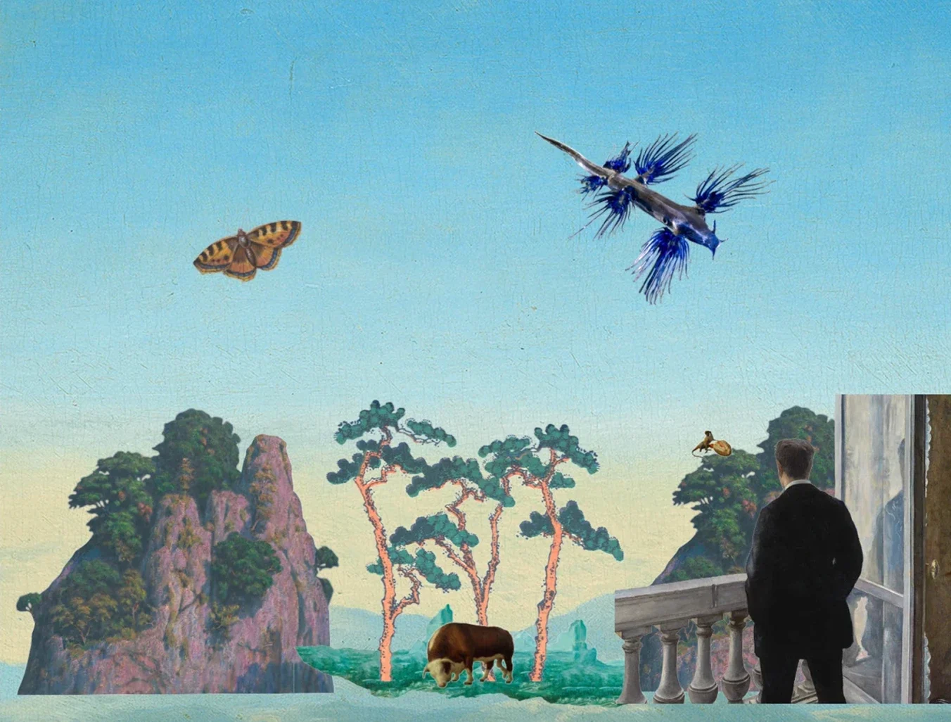A man stands at an open window, fascinated by a butterfly and a blue dragon hovering in the sky above him, a bull grazing in the shade of the trees.
