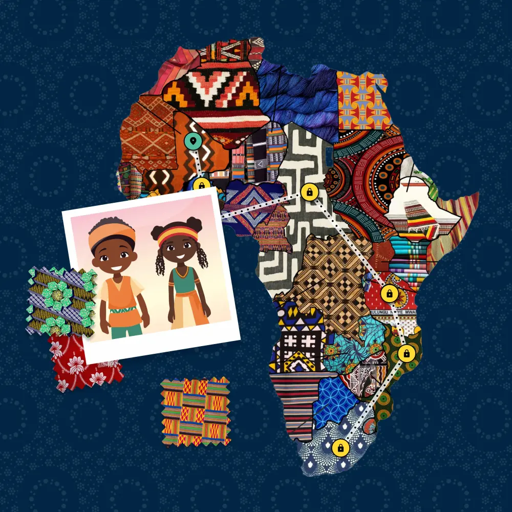 A map of Africa with textiles from the different regions and a picture of two children in African clothing. 