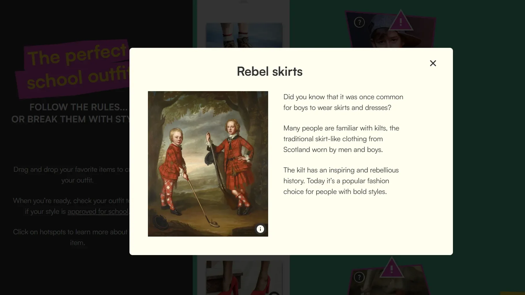 With older or more advanced students, I extended the lesson by exploring the story’s historical elements, particularly clothing rules from the past. Museum objects and historical images provide a natural way to practise past tenses. Students can discuss what people wore and what they could or couldn’t do in the past without feeling they are completing a grammar exercise. Their focus is on the object and sharing ideas, which makes grammar a natural part of the conversation.