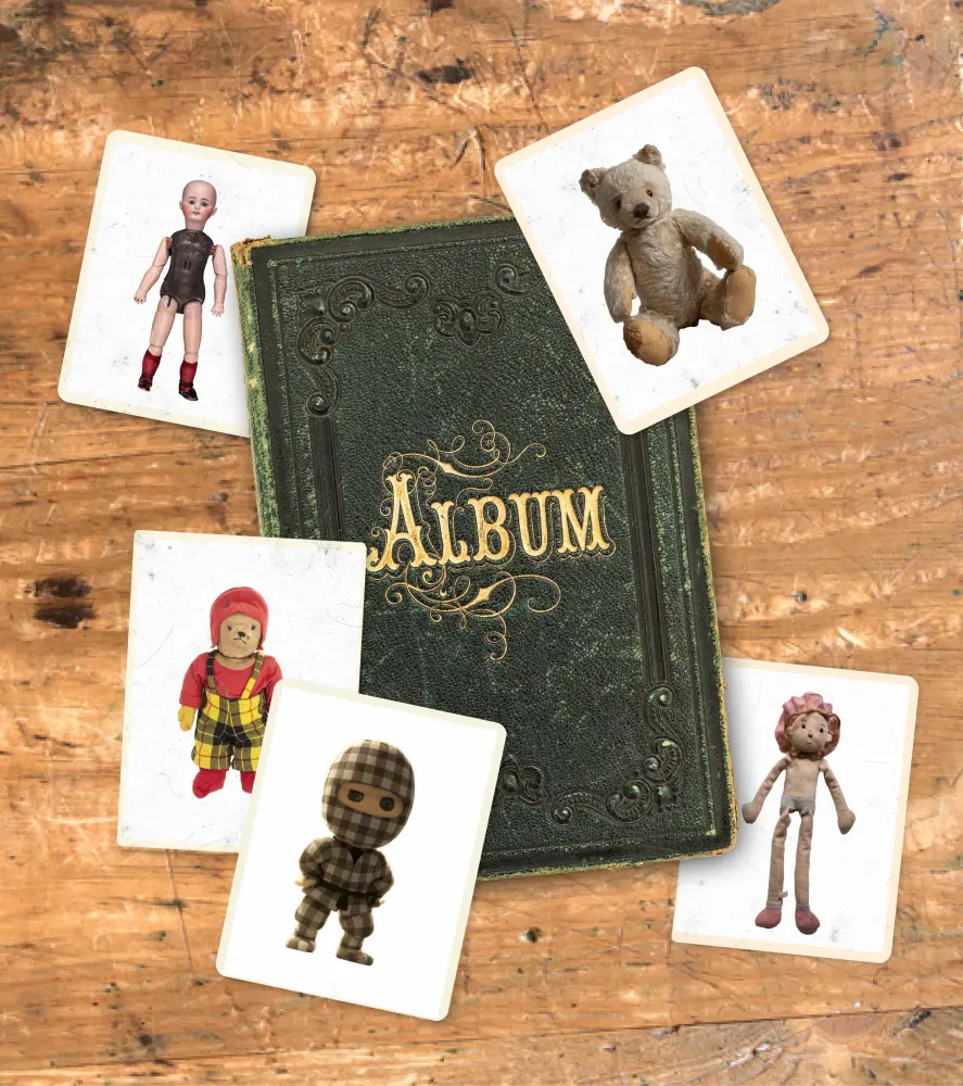 A photo album with photos of 5 different soft toys and dolls. 