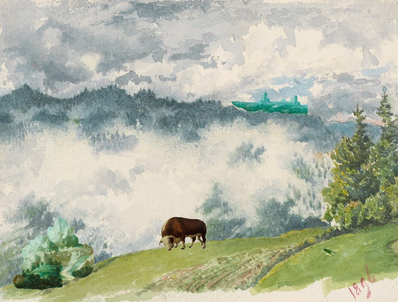 A majestic bull grazes peacefully in the mountains, surrounded by lush greenery and a serene ship sailing through a forest of trees.