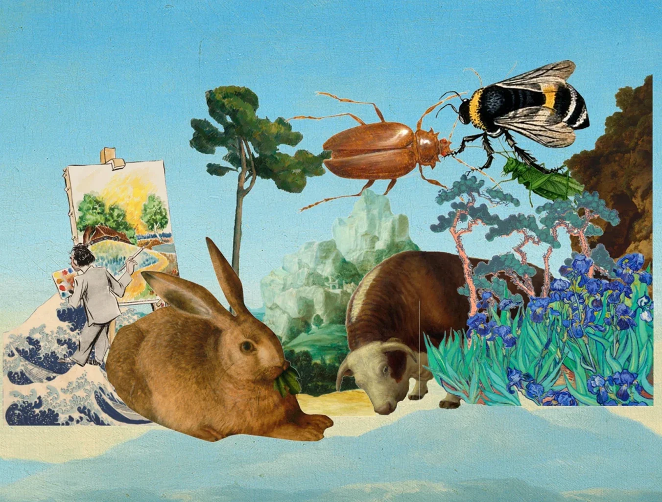 A stunning artwork featuring a bumblebee, rabbit, cow, and insects, brought to life by an artist's passion for nature and his skillful brushstrokes.