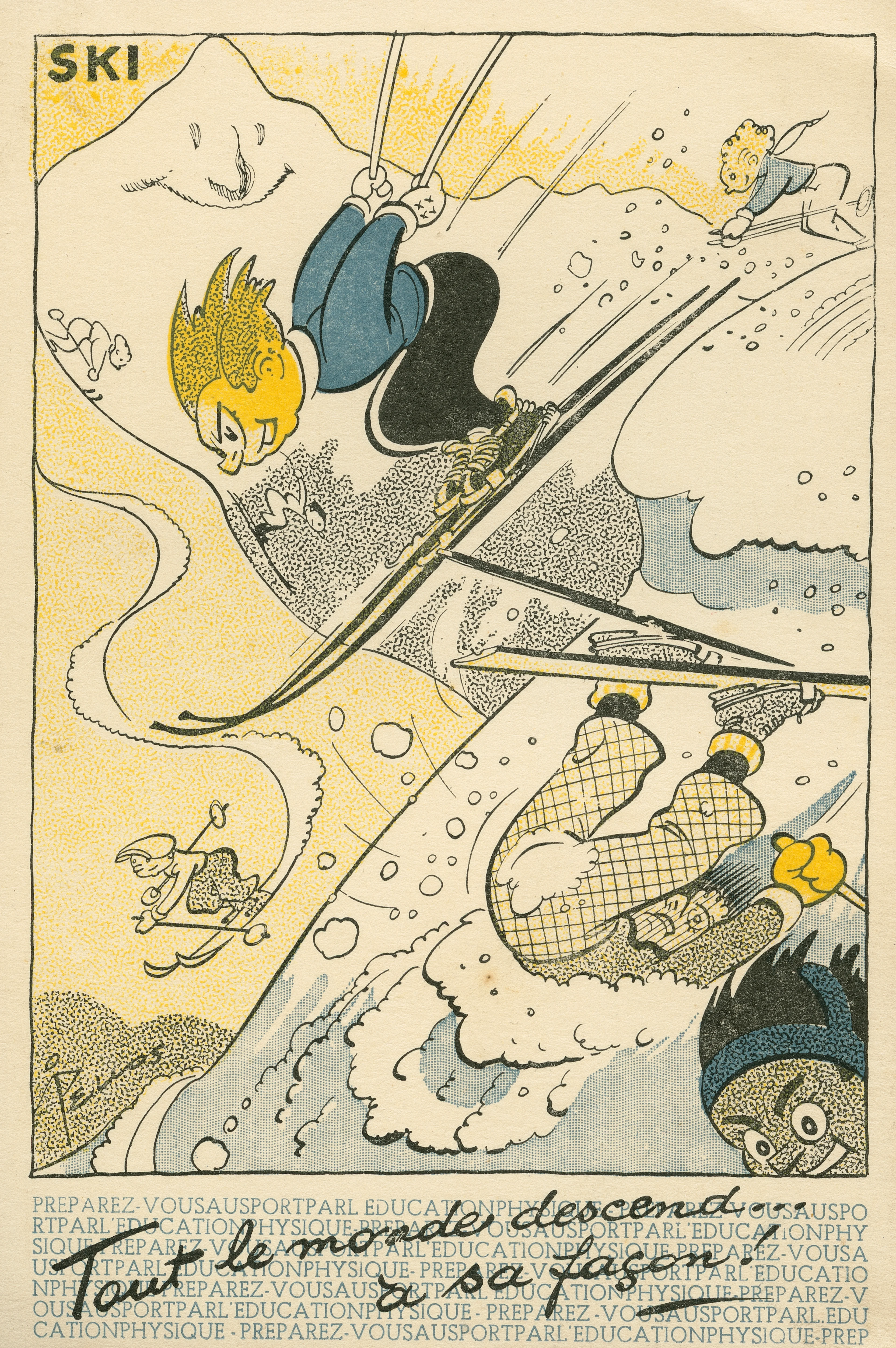 Sportswear is also necessary to ensure that athletes don’t hurt themselves. Look at the boy on this postcard: he’s skiing very fast without any protection! What should he wear? Fortunately, safety measures have improved since the 1940s. Nowadays most people, including adults, do not ski without a helmet! What protection do you wear?