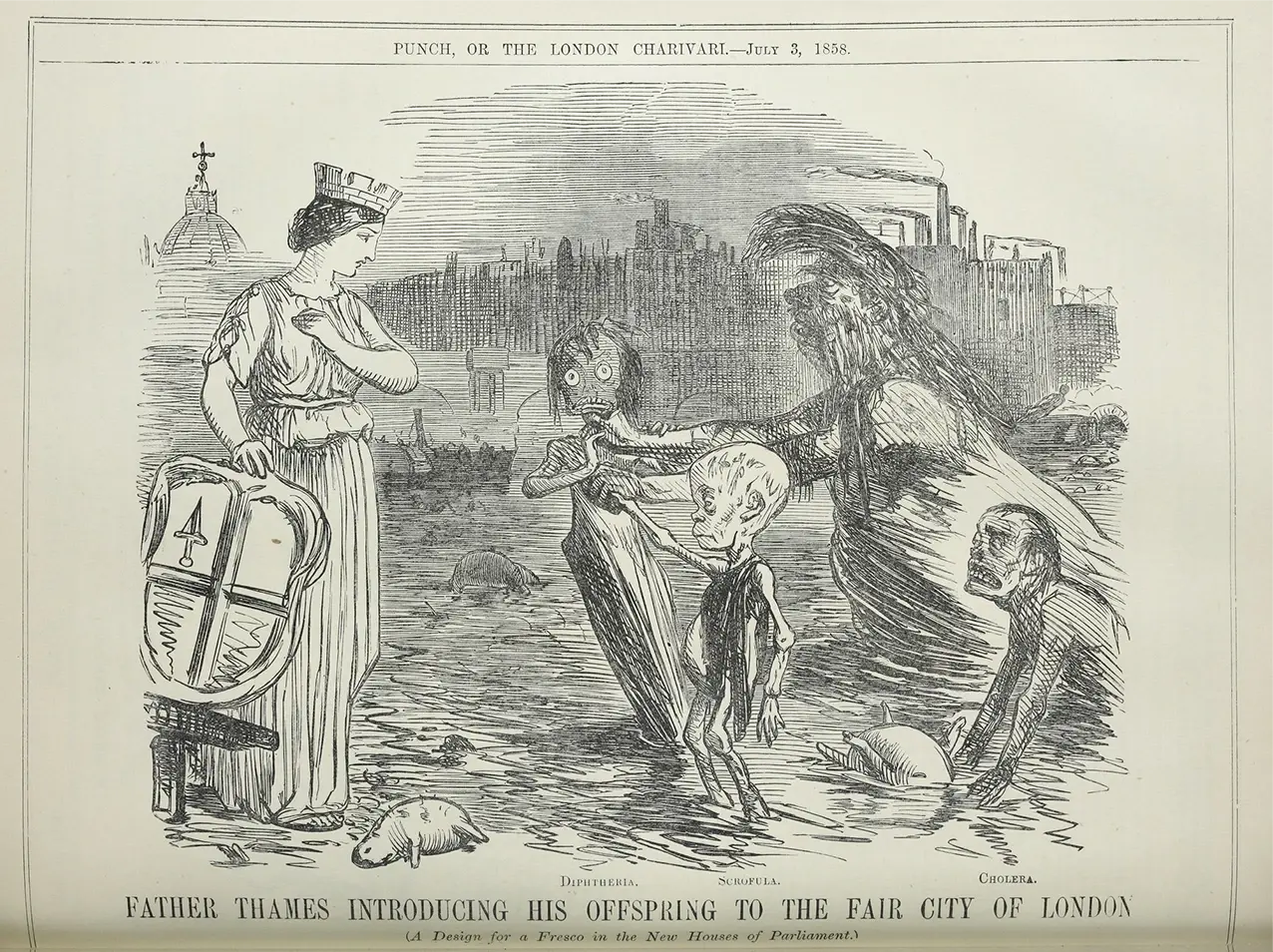 In 1858, London faced the “Great Stink” caused by the foul odour of the Thames due to untreated human and factory waste. The smell was so awful that people feared it would make them sick. The government acted, building a system of pipes and tunnels to carry dirty water and waste away for cleaning, making the river cleaner.