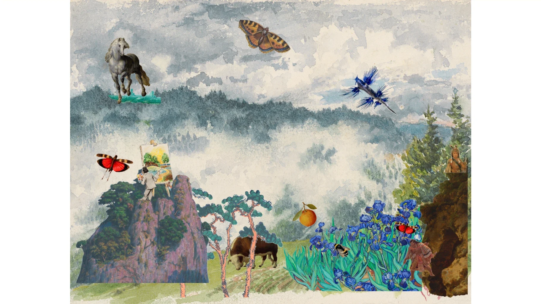 A lively mountain painting with colorful butterflies. A blue dragon floats in the sky, a horse gallops on the hill, and a bull grazes in the meadow.