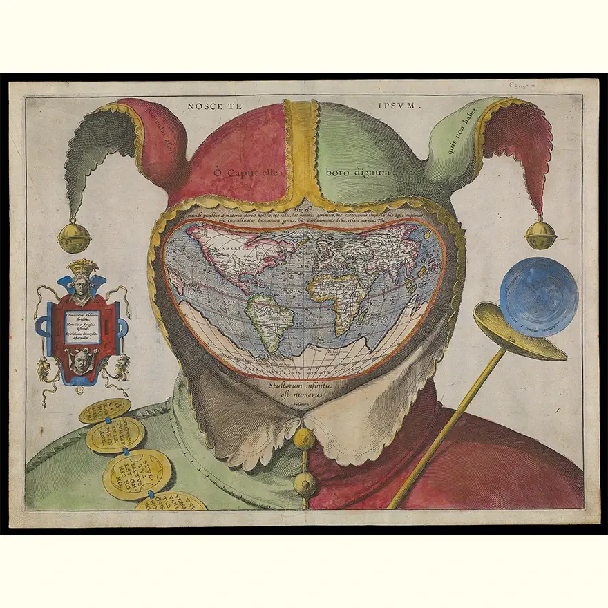 Satirical map from the late 1500s showing a fool's or jester's cap with a world map where the face would be. 