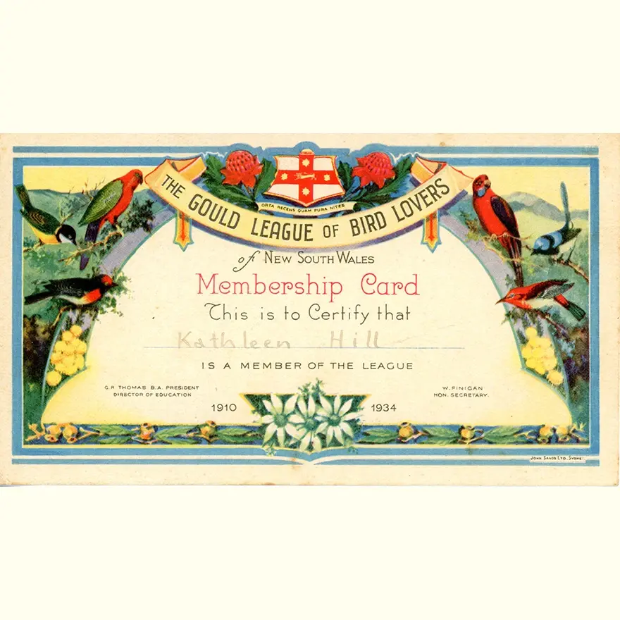 A Gould League of Bird Lovers of New South Wales certificate decorated with various  birds native to Australia.