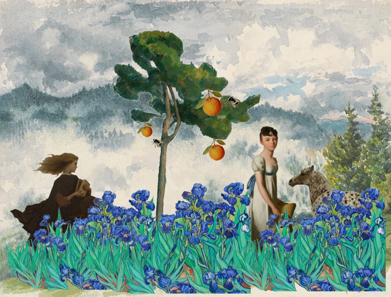 In a serene field of blue iris flowers, two women embrace nature's wonders—a tree with oranges and a gentle horse nearby.