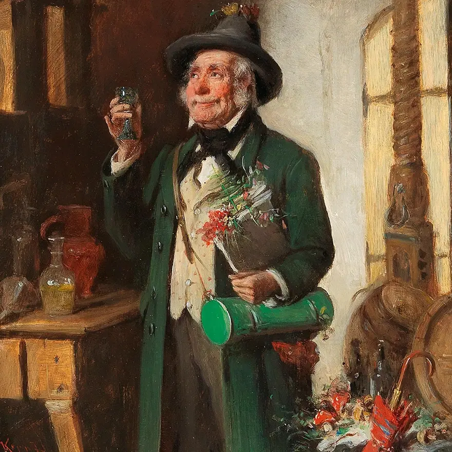 A botanist dressed in green holds a book of pressed flowers with a vasculum under his arm. Butterflies and other insect specimens are pinned to his hat.