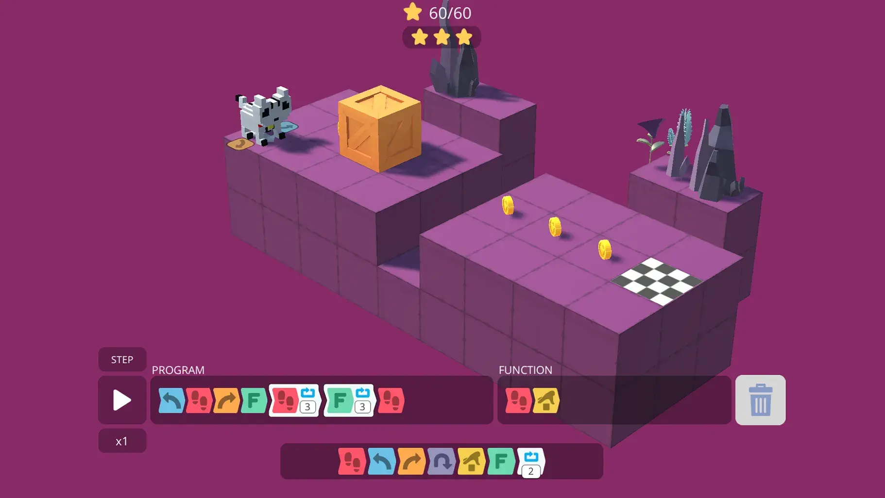 Pattern recognition: In this problem, Rodocodo Cat needs to step forward and pick three coins in a row; that’s a pattern! Instead of writing the same “pick up coin” command three times, you can use a loop to repeat steps, or a function to create a group of steps. Noticing these patterns helps you to create a shorter program.