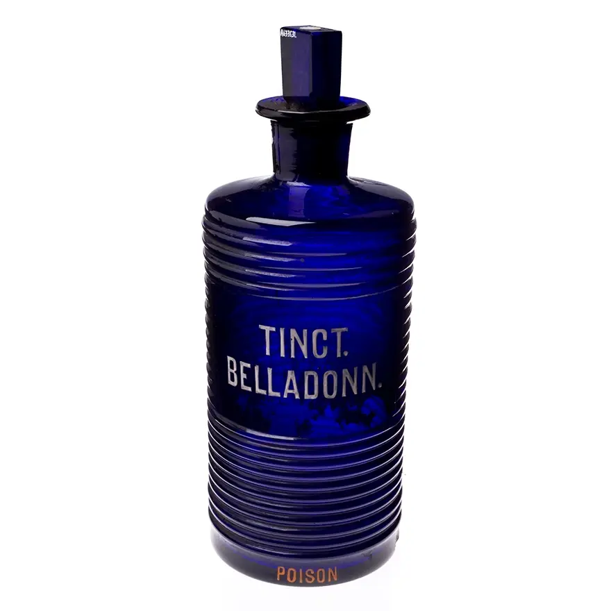 Glass bottle used by pharmacist in the late 1800s for the concentrated extract of Belladonna.