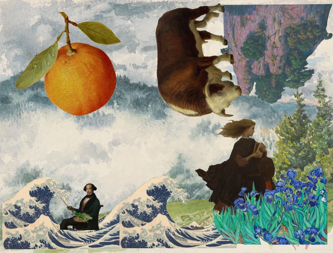 A lively collage with a man, woman, and an inverted cow, amidst a burst of colors, complemented by a mouthwatering orange.