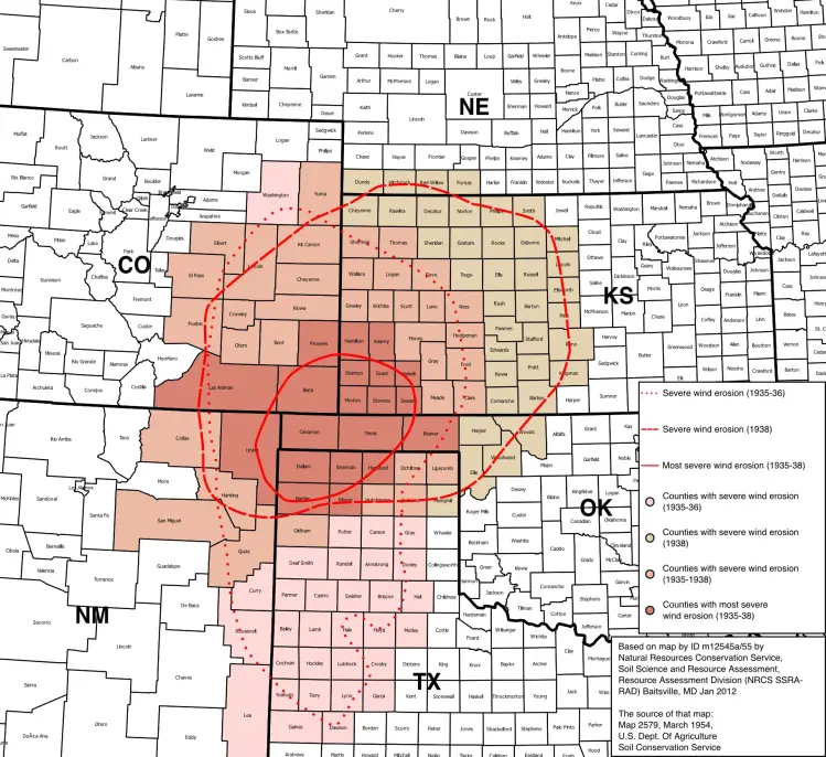 Map showing the area of the Dust Bowl where sand storms destroyed soil and homes from Texas to Nebraska