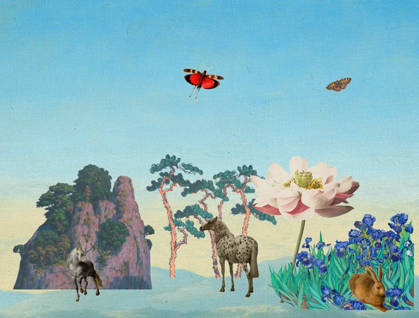 Two majestic and delicate butterflies soar over a vibrant field, surrounded by mountains, trees, and flowers. Two horses and a relaxed rabbit can be spotted on the ground.